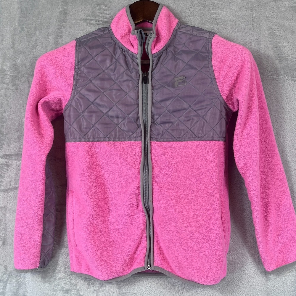 Fila Girls Youth 10/12 Gray Pink Quilted Fleece Zip Jacket Warm Athletic Outdoor